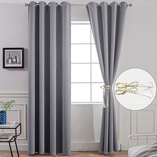 Yakamok Room Darkening Gray Blackout Curtains Thermal Insulated Grommet Curtain Panels for Bedroom, 52W x 84L, Grey, 2 Panels, 2 Tie Backs Included