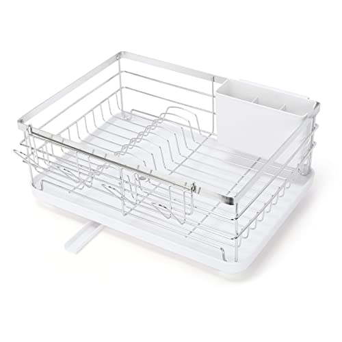 Fogein Dish Drying Rack, Stainless Steel Dish Drainer with Utensil Holder Removable Drainer Tray for Kitchen Countertop, Silver