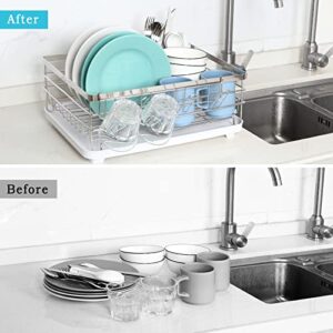 Fogein Dish Drying Rack, Stainless Steel Dish Drainer with Utensil Holder Removable Drainer Tray for Kitchen Countertop, Silver