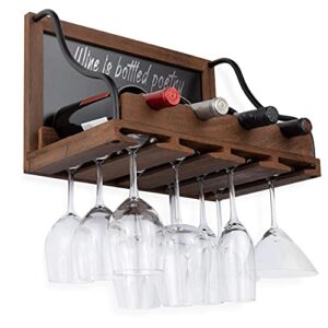 brightmaison BGT Colmar Wall Wine Rack, Wine Glass Holder & Bottle Rack with Chalk Board Sign, 4 Bottles Wine Storage, Rustic Wall Décor, Wood Walnut