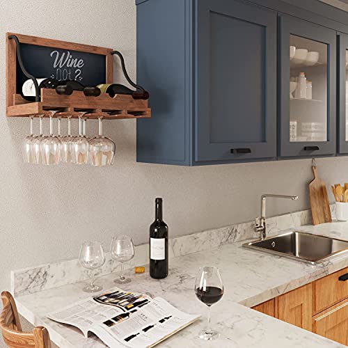 brightmaison BGT Colmar Wall Wine Rack, Wine Glass Holder & Bottle Rack with Chalk Board Sign, 4 Bottles Wine Storage, Rustic Wall Décor, Wood Walnut