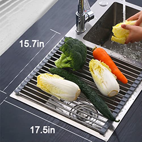 Oliomp Roll Up Dish Drying Rack, 17.5" x 15.7" Over The Sink Stainless Steel Roll-Up Dish Drying Rack Foldable Rolling Dish Drainer Suitable for Dishes,Fruits Vegetables Integrated Sink Drying Rack.