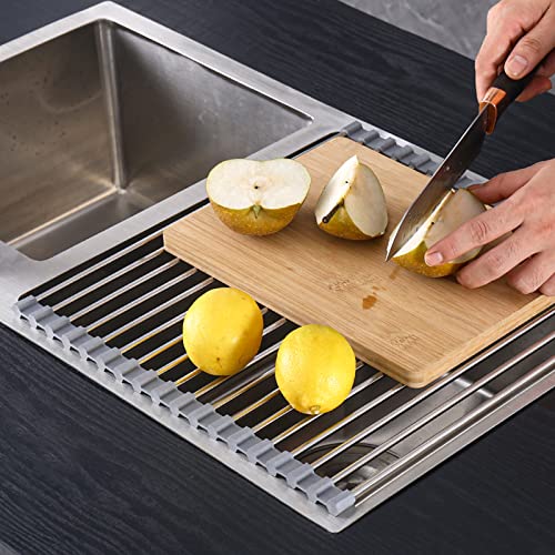 Oliomp Roll Up Dish Drying Rack, 17.5" x 15.7" Over The Sink Stainless Steel Roll-Up Dish Drying Rack Foldable Rolling Dish Drainer Suitable for Dishes,Fruits Vegetables Integrated Sink Drying Rack.