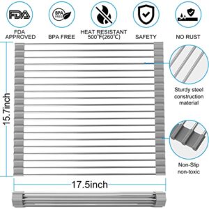 Oliomp Roll Up Dish Drying Rack, 17.5" x 15.7" Over The Sink Stainless Steel Roll-Up Dish Drying Rack Foldable Rolling Dish Drainer Suitable for Dishes,Fruits Vegetables Integrated Sink Drying Rack.