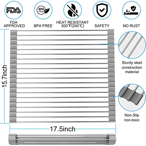 Oliomp Roll Up Dish Drying Rack, 17.5" x 15.7" Over The Sink Stainless Steel Roll-Up Dish Drying Rack Foldable Rolling Dish Drainer Suitable for Dishes,Fruits Vegetables Integrated Sink Drying Rack.