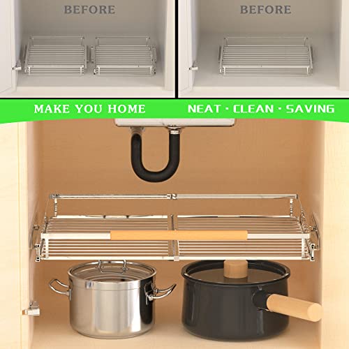 SOFRON Pull Out Drawer Cabinet Organizers, Expandable Heavy Duty Slide Out Storage Shelf for Home Kitchen Pantry Cupboard Pots Pans, Adjustable Width from 16.3" to 26.3", Stainless Steel 1 Pack