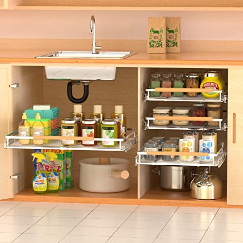 SOFRON Pull Out Drawer Cabinet Organizers, Expandable Heavy Duty Slide Out Storage Shelf for Home Kitchen Pantry Cupboard Pots Pans, Adjustable Width from 16.3" to 26.3", Stainless Steel 1 Pack