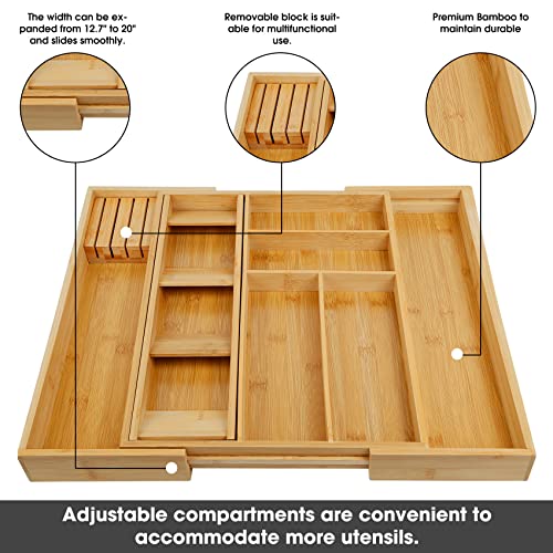 Ozera Bamboo Silverware Organizer, Expandable Utensil Organizer and Cutlery Organizer in Drawer, Flatware Kitchen Drawer Organizer Silverware Tray with Knife Block for Kitchen(7-10 Slots)