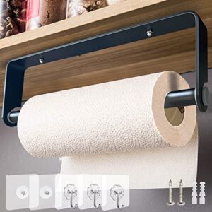 Paper Towel Holder Under Cabinet - Matte Black Paper Holder for Kitchen Easy Installation No Drilling Aluminium Wall Mount Paper Towel Holder for Pantry Sink Bathroom with 3 Adhesive Hooks, Easy Tear