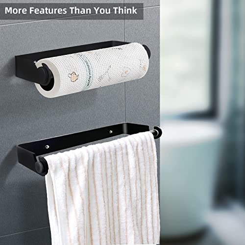 Paper Towel Holder Under Cabinet - Matte Black Paper Holder for Kitchen Easy Installation No Drilling Aluminium Wall Mount Paper Towel Holder for Pantry Sink Bathroom with 3 Adhesive Hooks, Easy Tear