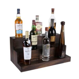 charmont 3 tier real wood liquor bar bottle display shelf 24’’ – freestanding 18 bottle liquor stand – made in the usa – liquor cabinet décor for home bar-dark walnut