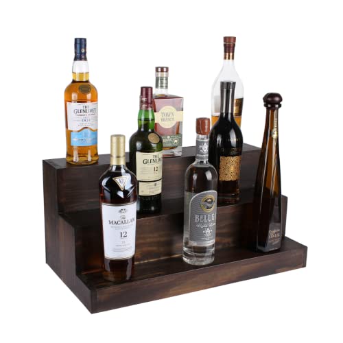 Charmont 3 Tier Real Wood Liquor Bar Bottle Display Shelf 24’’ - Freestanding 18 Bottle Liquor Stand - Made in The USA - Liquor Cabinet Décor for Home Bar-Dark Walnut