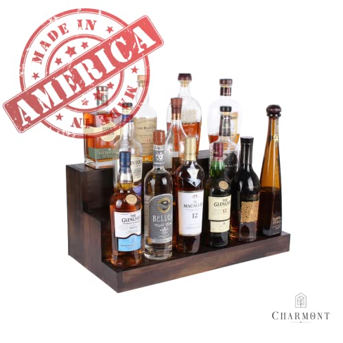 Charmont 3 Tier Real Wood Liquor Bar Bottle Display Shelf 24’’ - Freestanding 18 Bottle Liquor Stand - Made in The USA - Liquor Cabinet Décor for Home Bar-Dark Walnut