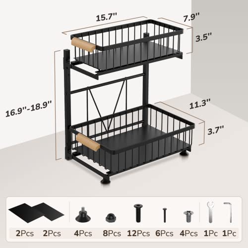 Under Sink Organizer, Pull Out Cabinet Organizer, Metal 2-Tier Under Sink Storage, Adjustable Height Rack Shelf Drawers Sliding Basket for Kitchen Bathroom Utility Room Cabinet