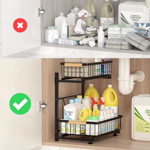 Under Sink Organizer, Pull Out Cabinet Organizer, Metal 2-Tier Under Sink Storage, Adjustable Height Rack Shelf Drawers Sliding Basket for Kitchen Bathroom Utility Room Cabinet