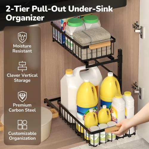 Under Sink Organizer, Pull Out Cabinet Organizer, Metal 2-Tier Under Sink Storage, Adjustable Height Rack Shelf Drawers Sliding Basket for Kitchen Bathroom Utility Room Cabinet