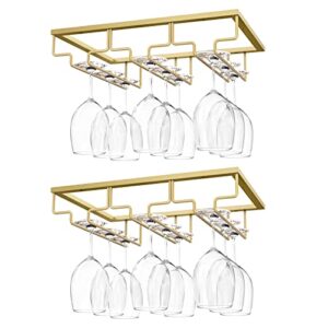 Nuovoware Wine Glass Rack, [2-Pack] Wine Glass Hanger Rack Under Cabinet Stemware Wine Glass Holder Storage Hanger for Bar Kitchen Cabinet (3 Rows) - Gold