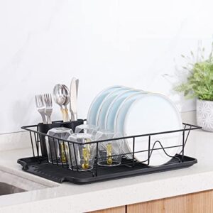 upgrade dish drying rack,dish rack with black drying board+knife fork box+metal basket, storng waterproof level & quality, set for kitchen sink side, big