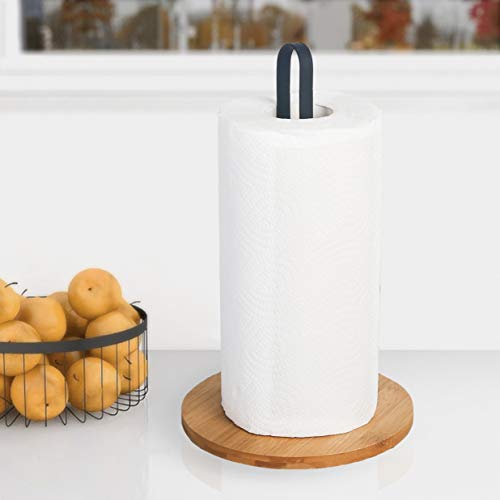TIEYIPIN Paper Towel Holder, Countertop Roll Stand with Anti-Skid Wooden Bamboo Base for Kitchen, Cabinet, Table