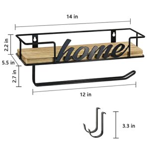 Paper Towel Holder with Shelf, Wall Mounted Paper Towel Roll Rack Basket for Kitchen, Paper Towel Holder Under Cabinet, Paper Towel Holder Wall Mounted with Storage Shelf and Hooks