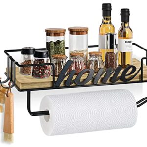 Paper Towel Holder with Shelf, Wall Mounted Paper Towel Roll Rack Basket for Kitchen, Paper Towel Holder Under Cabinet, Paper Towel Holder Wall Mounted with Storage Shelf and Hooks