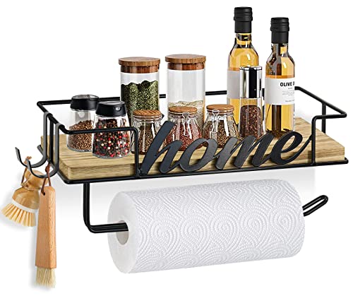 Paper Towel Holder with Shelf, Wall Mounted Paper Towel Roll Rack Basket for Kitchen, Paper Towel Holder Under Cabinet, Paper Towel Holder Wall Mounted with Storage Shelf and Hooks