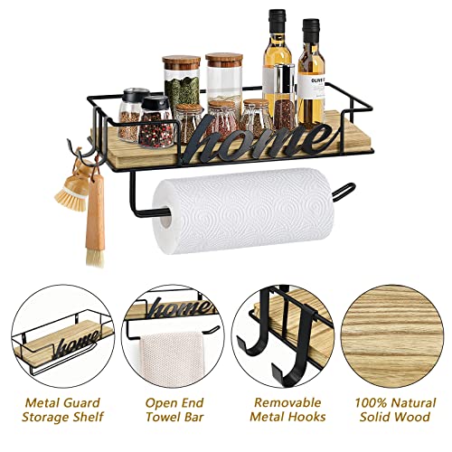 Paper Towel Holder with Shelf, Wall Mounted Paper Towel Roll Rack Basket for Kitchen, Paper Towel Holder Under Cabinet, Paper Towel Holder Wall Mounted with Storage Shelf and Hooks