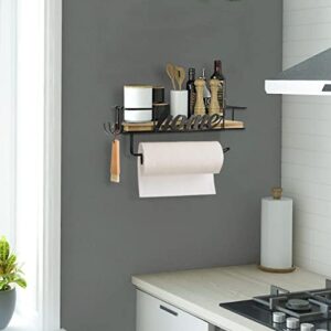 Paper Towel Holder with Shelf, Wall Mounted Paper Towel Roll Rack Basket for Kitchen, Paper Towel Holder Under Cabinet, Paper Towel Holder Wall Mounted with Storage Shelf and Hooks