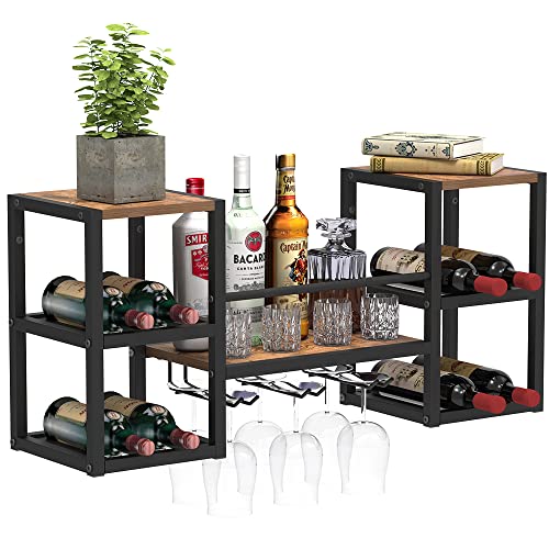 GiftGo Industrial Brown Wall Mounted Wine Rack with 3 Steam Glass Holder Partial Wood Shelf Black Metal Bottle Holder Multi Functional Wine Storage Display Rack for Home Bar Dining Room Kitchen