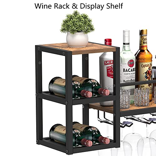 GiftGo Industrial Brown Wall Mounted Wine Rack with 3 Steam Glass Holder Partial Wood Shelf Black Metal Bottle Holder Multi Functional Wine Storage Display Rack for Home Bar Dining Room Kitchen