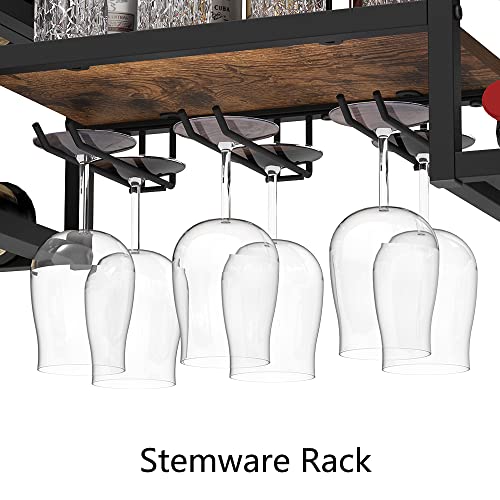 GiftGo Industrial Brown Wall Mounted Wine Rack with 3 Steam Glass Holder Partial Wood Shelf Black Metal Bottle Holder Multi Functional Wine Storage Display Rack for Home Bar Dining Room Kitchen