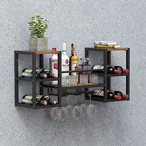 GiftGo Industrial Brown Wall Mounted Wine Rack with 3 Steam Glass Holder Partial Wood Shelf Black Metal Bottle Holder Multi Functional Wine Storage Display Rack for Home Bar Dining Room Kitchen