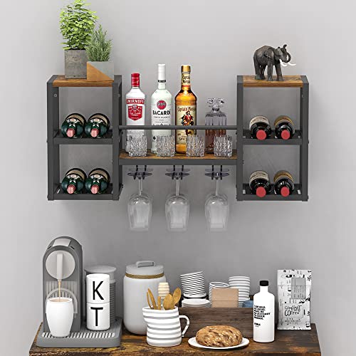 GiftGo Industrial Brown Wall Mounted Wine Rack with 3 Steam Glass Holder Partial Wood Shelf Black Metal Bottle Holder Multi Functional Wine Storage Display Rack for Home Bar Dining Room Kitchen