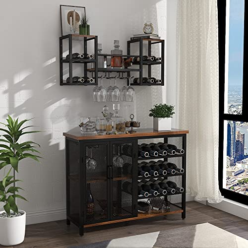 GiftGo Industrial Brown Wall Mounted Wine Rack with 3 Steam Glass Holder Partial Wood Shelf Black Metal Bottle Holder Multi Functional Wine Storage Display Rack for Home Bar Dining Room Kitchen