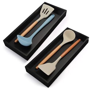lixple bamboo kitchen drawer organizer – set of 2, stackable utensil organizers, wooden storage box tray for cabinet, pantry, bathroom countertop, multi-use organization and storage (black)