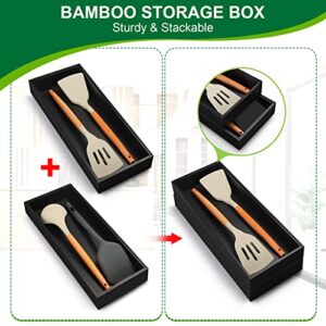 Lixple Bamboo Kitchen Drawer Organizer - Set of 2, Stackable Utensil Organizers, Wooden Storage Box Tray for Cabinet, Pantry, Bathroom Countertop, Multi-use Organization and Storage (Black)