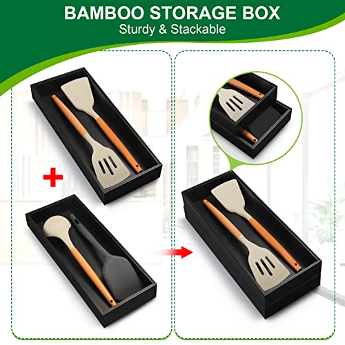 Lixple Bamboo Kitchen Drawer Organizer - Set of 2, Stackable Utensil Organizers, Wooden Storage Box Tray for Cabinet, Pantry, Bathroom Countertop, Multi-use Organization and Storage (Black)