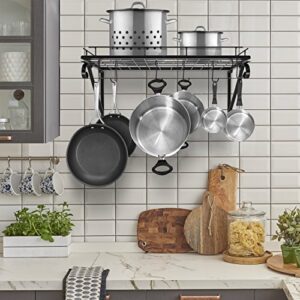 Sorbus Pots and Pan Rack — Decorative Wall Mounted Storage Hanging Rack — Multipurpose Wrought-Iron shelf Organizer for Kitchen Cookware, Utensils, Pans, Books, Bathroom (Wall Rack - Black)