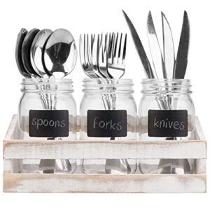 MyGift Whitewashed Wood Flatware Utensil Holder for Table, Casual Dining Flatware Holder for Countertop with 3 Mason Jars and Chalkboard Labels