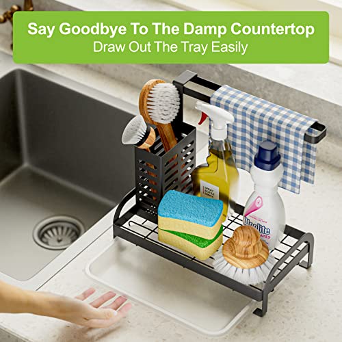 Kitchen Sink Caddy Sponge Holder - Tidyway Sink Organizer, Dishrag Dishcloth Brush Holder with Drain Pan Tray for Soap Dish Dispenser Accessories, Black