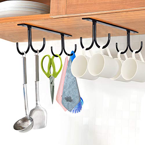 Mocoum Under Cabinet Mug Rack, Rustic Mug Organizer Rack Cup Holder Under Shelf Hanging Hooks Rack for Mugs, Coffee Cups and Kitchen Utensils Display (Black-2 Pack-8 Hooks)