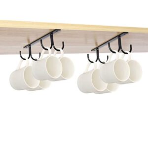 Mocoum Under Cabinet Mug Rack, Rustic Mug Organizer Rack Cup Holder Under Shelf Hanging Hooks Rack for Mugs, Coffee Cups and Kitchen Utensils Display (Black-2 Pack-8 Hooks)