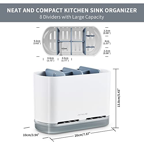 JOMOLA Dish Brush Caddy Sink Sponge Holder Kitchen Counter Scrub Soap Wand Organizer Sinkware Caddy with Drain Tray and Dividers Utensils Rack for Dishwashing Scrubber Toothbrush Scraper Gray