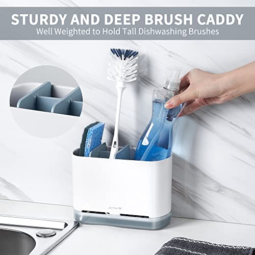 JOMOLA Dish Brush Caddy Sink Sponge Holder Kitchen Counter Scrub Soap Wand Organizer Sinkware Caddy with Drain Tray and Dividers Utensils Rack for Dishwashing Scrubber Toothbrush Scraper Gray