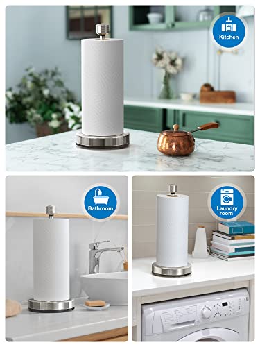 SMARTAKE Standing Paper Towel Holder, Damping Ratchet Design Paper Towel Organizer, Rustproof Toilet Paper Holder with Suction Cups, Roll Dispenser for Kitchen Countertop Home Dining Table, Silver