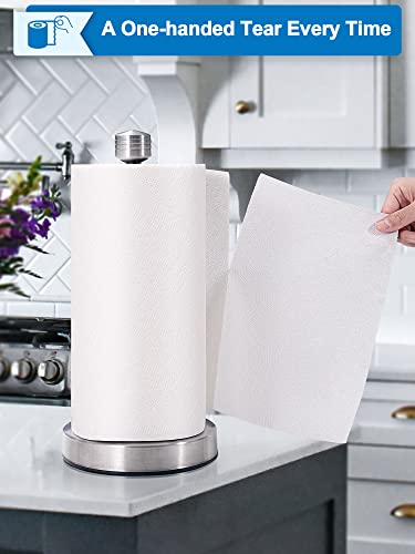 SMARTAKE Standing Paper Towel Holder, Damping Ratchet Design Paper Towel Organizer, Rustproof Toilet Paper Holder with Suction Cups, Roll Dispenser for Kitchen Countertop Home Dining Table, Silver