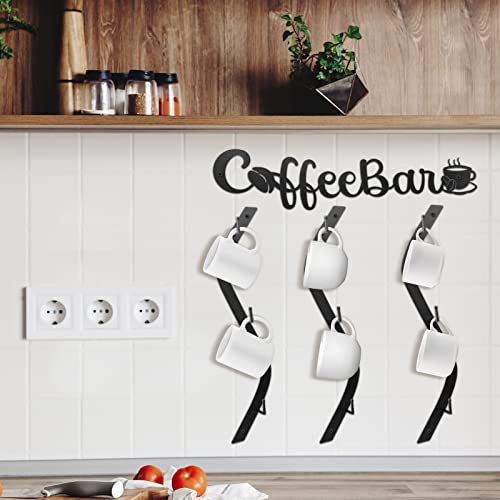 Coffee Mug Wall Rack Mounted with Coffee Bar Sign Curve Coffee Mug Holder Hanging Metal Mug Racks for Wall Black Coffee Cup Holder Coffee Cup Rack Hanger with 9 Hooks Kitchen Coffee Bar Decor