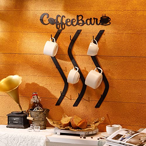 Coffee Mug Wall Rack Mounted with Coffee Bar Sign Curve Coffee Mug Holder Hanging Metal Mug Racks for Wall Black Coffee Cup Holder Coffee Cup Rack Hanger with 9 Hooks Kitchen Coffee Bar Decor