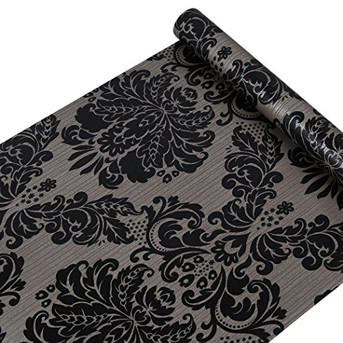 Black Damask Wallpaper Self Adhesive Shelf Vinyl Paper Peel and Stick Damask Wallpaper Roll Shelf Liner Cabinets Door Drawer Sticker 17.7" x 78.7" (45cm x 2m)