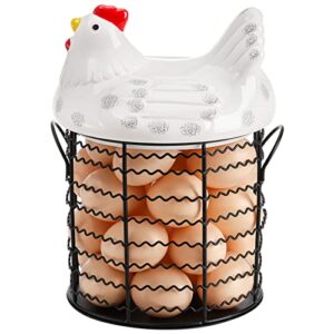 Hiceeden Metal Wire Chicken Egg Storage Basket, Decorative Fresh Egg Holder with Ceramic Chicken Design Lid, Portable Round Collectiong Basket for Kitchen Supplies, Pantry, 5.5"x6"